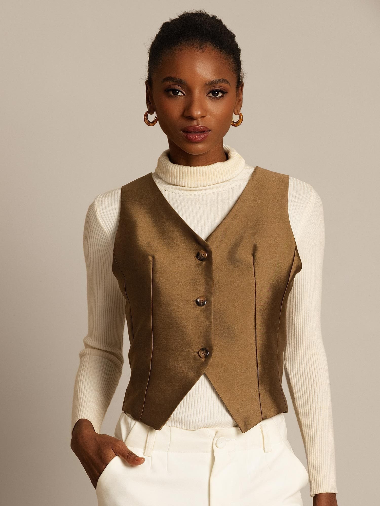 [Bronze] SilkSilky-AU 32Momme Wool V Neck Women's Vest 002,