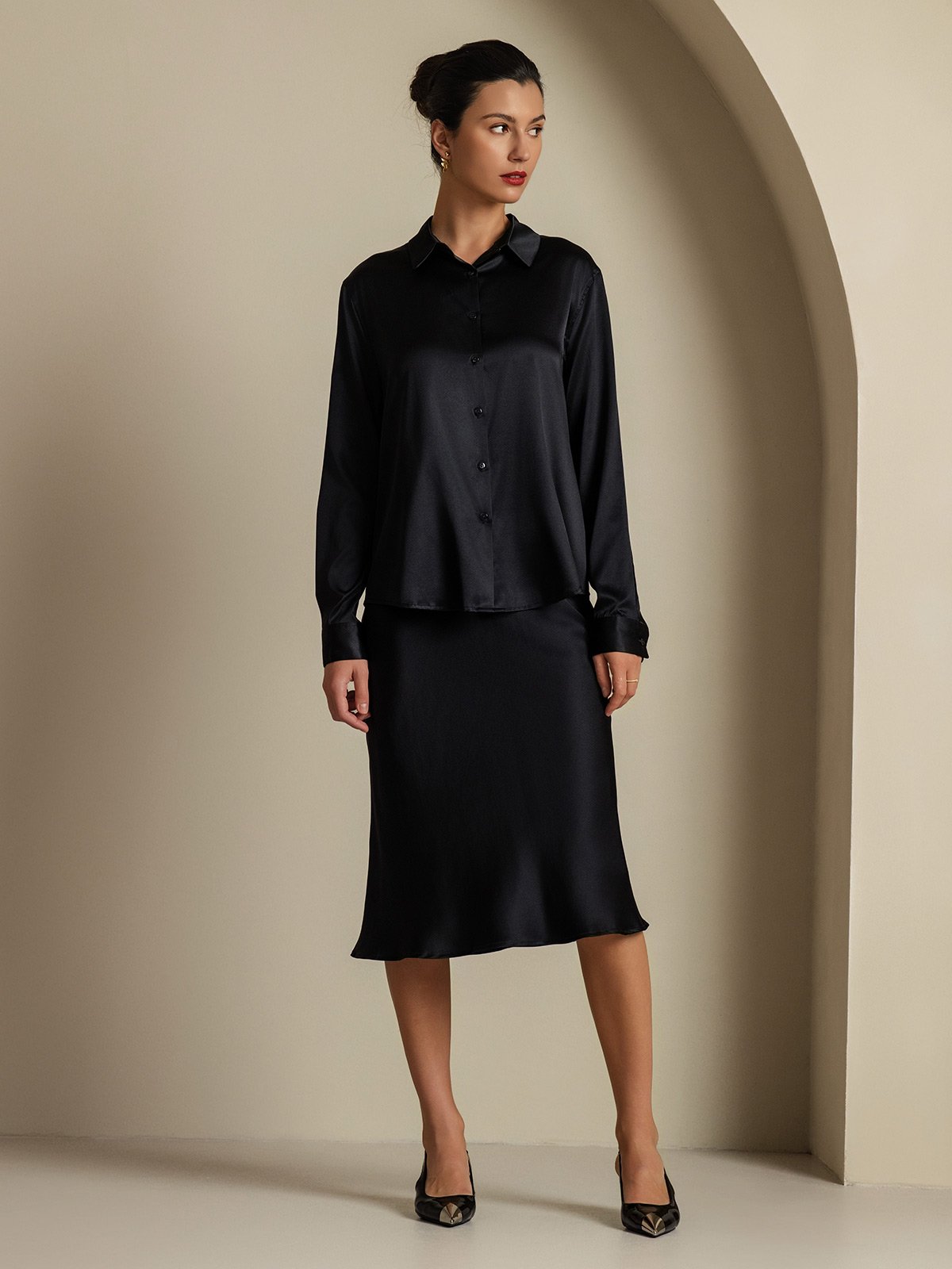 [Black] SilkSilky-AU 19Momme Silk Knitted Lapel Collar Women''s Outfit Sets 006,