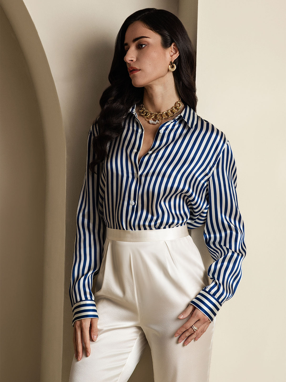 [Navy Stripe] SilkSilky-AU Silk Long Sleeve Lapel Collar Women's Shirt 005