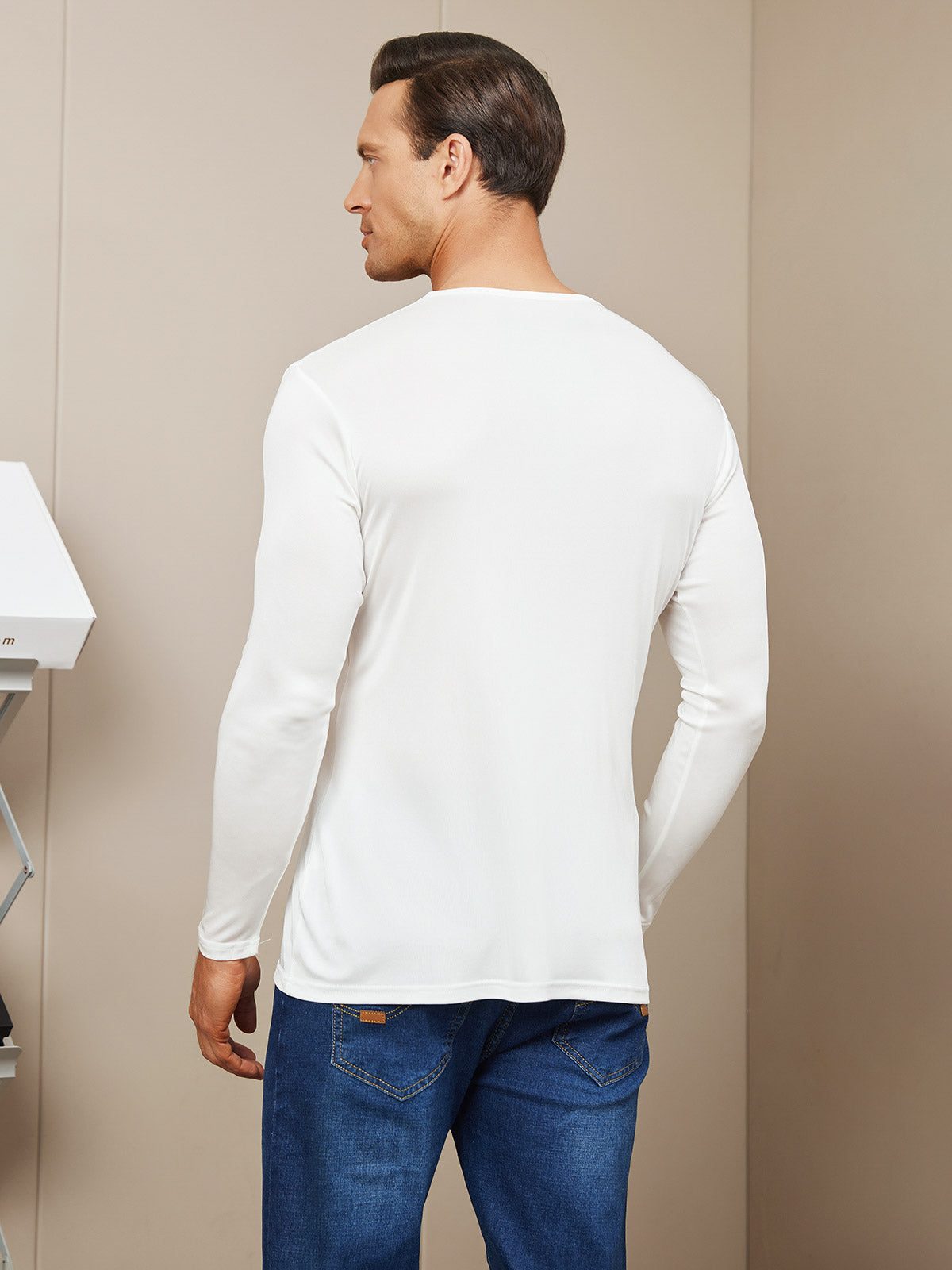 SilkSilky AU Silk Knitted Long Sleeve Round Neck Men's T Shirt White 002