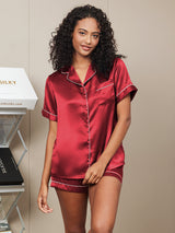 [Wine] SilkSilky-AU Short Sleeve Lapel Collar Women's Pyjamas 003