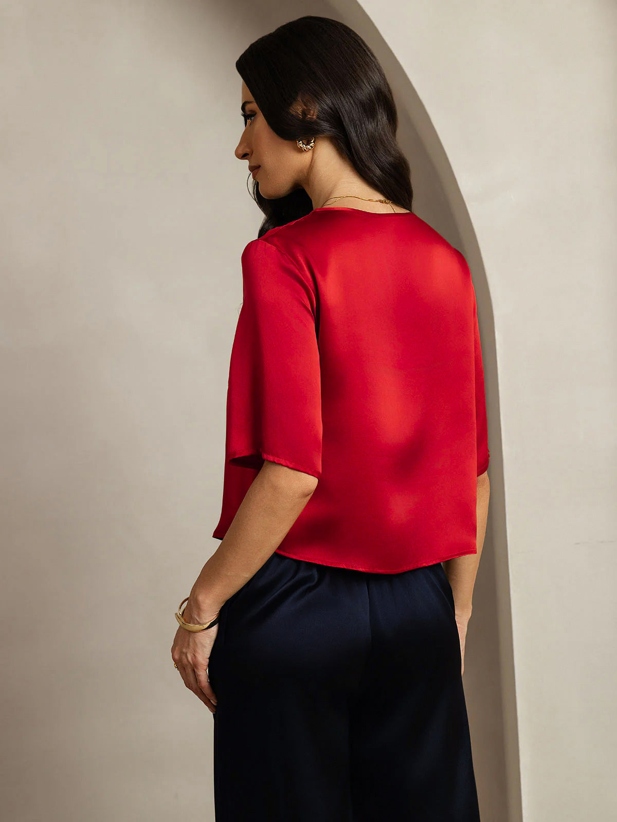 [Dark Red] SilkSilky-AU Pure Silk Boat Neck Women's T-Shirt 002