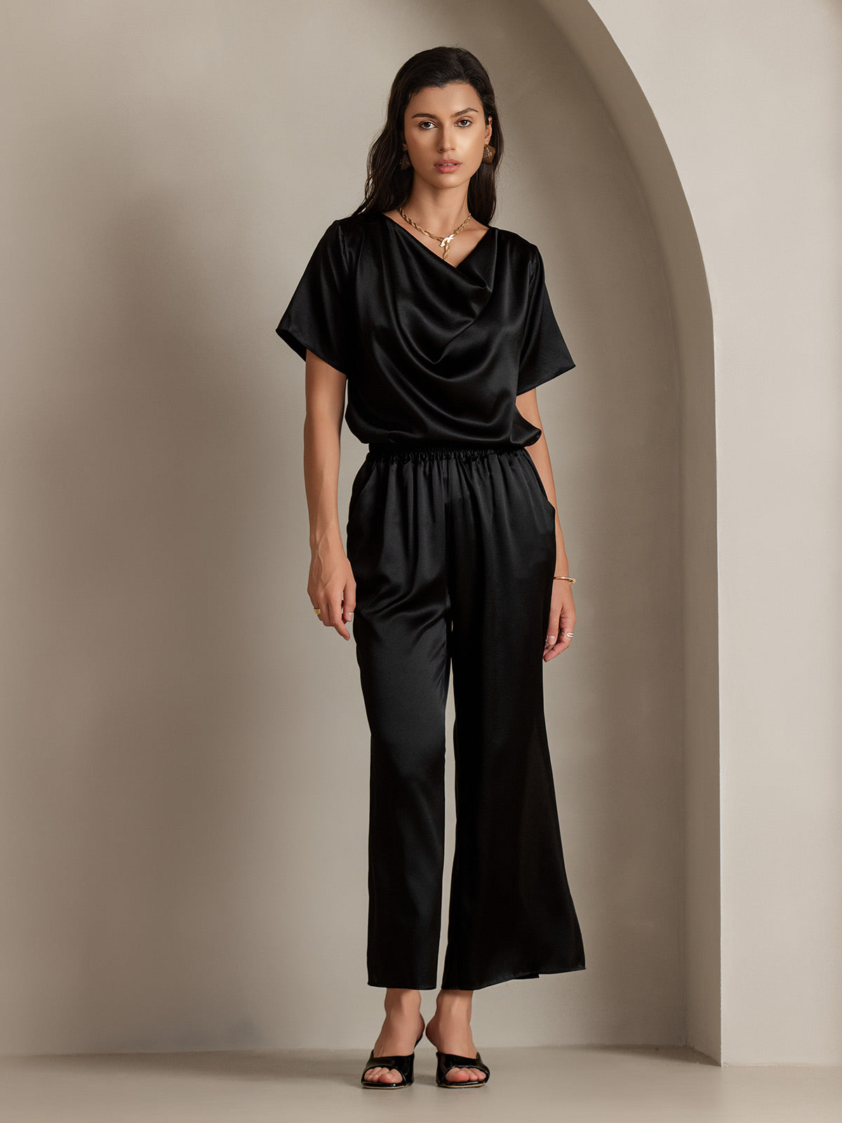 [Black] SilkSilky-AU 19Momme Silk Short Sleeve Cowl Neck Blouse 006