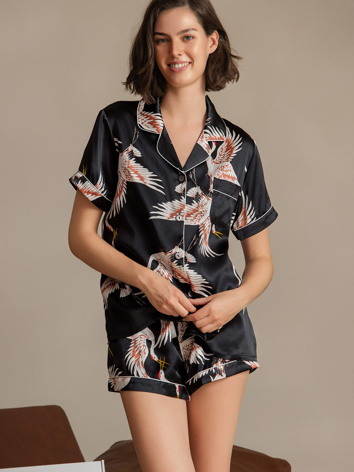 SilkSilky-AU 19Momme Pure Silk Short Sleeve Lapel Women's Pyjamas Black 001