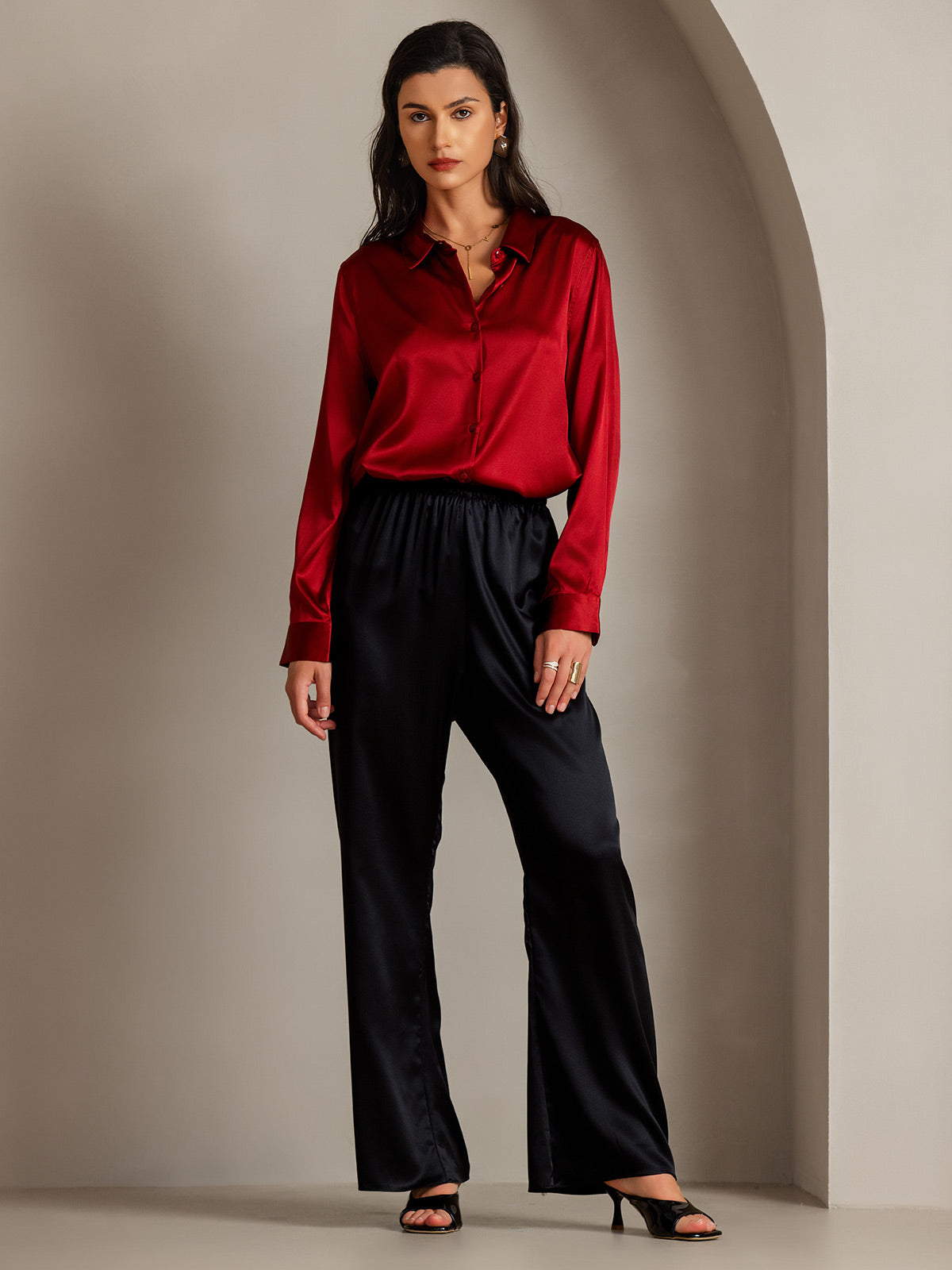 [Red] SilkSilky-AU Silk Lapel Collar Women's Shirt 003