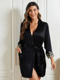 Pure Silk Lace Cuffs Midi Dressing Gown w/ Belt (Without Nightdress)