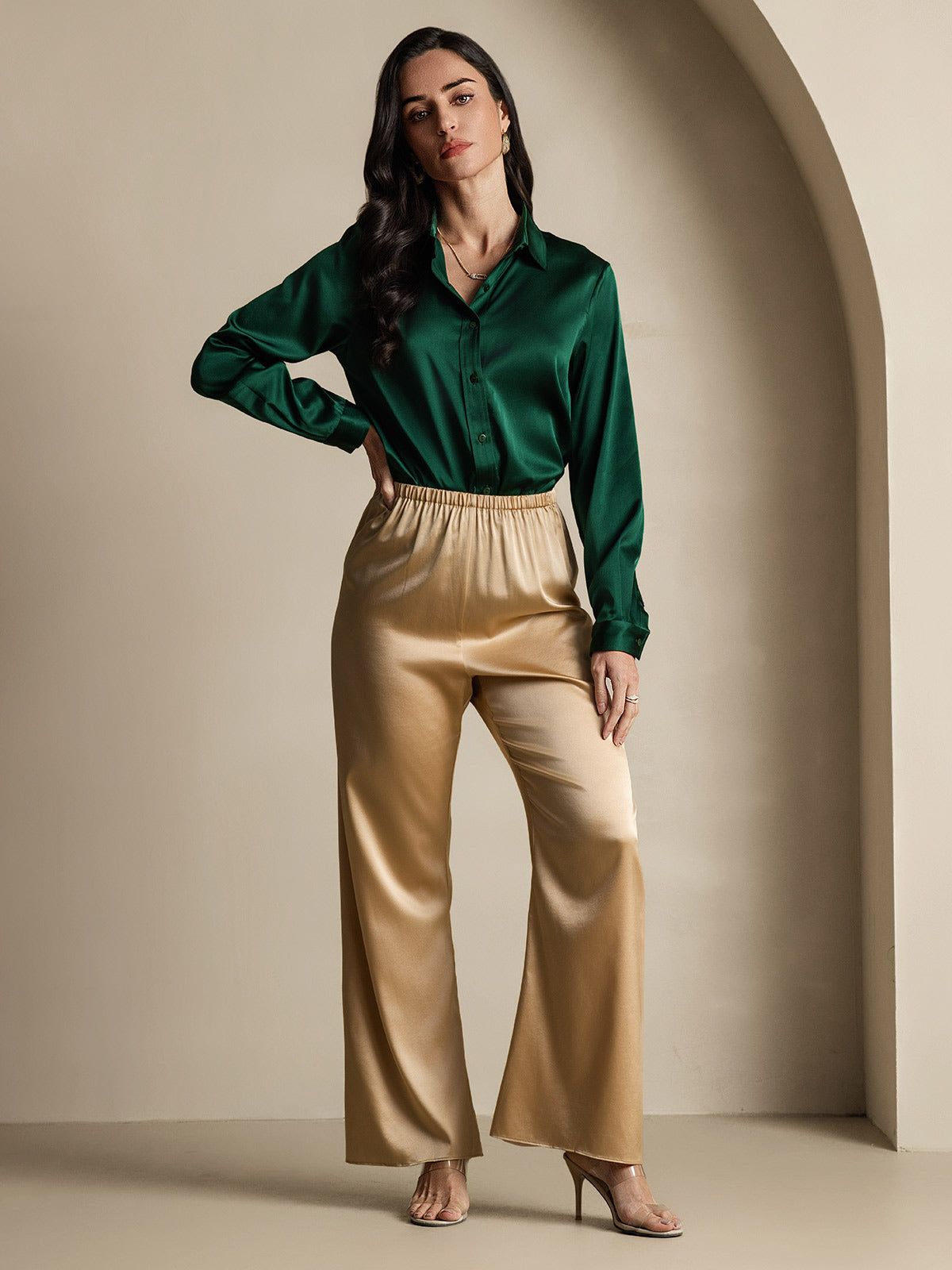 [Dark Green] SilkSilky-AU 19Momme Stretch Silk Charmeuse Long Sleeve Lapel Collar Women's Shirt 010