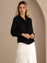[Black] SilkSilky-AU Long Sleeve Tie Neck Women's Blouse 003