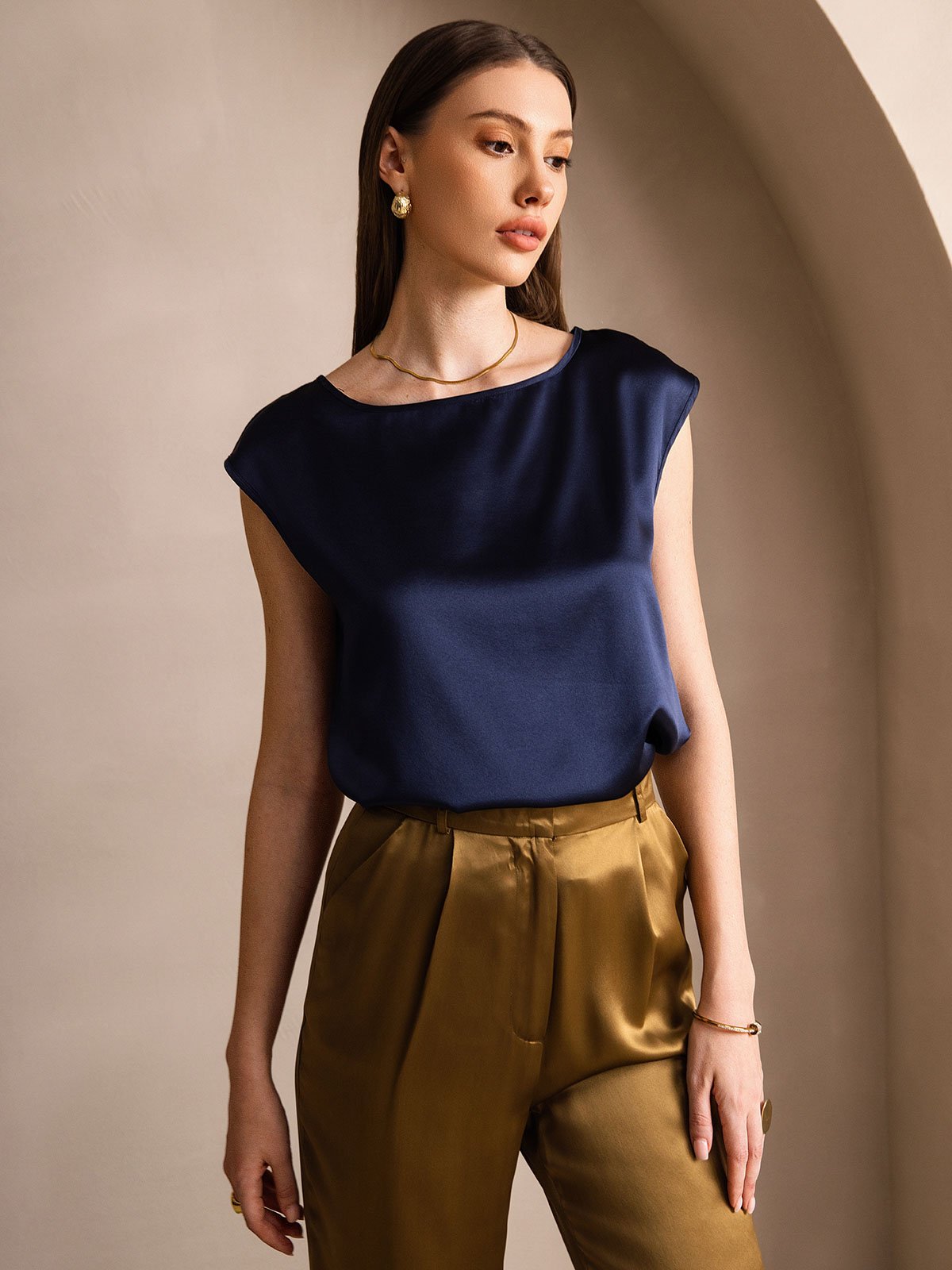 [Dark Blue] SilkSilky-AU 19Momme Silk Round Neck Women's T-Shirt 001