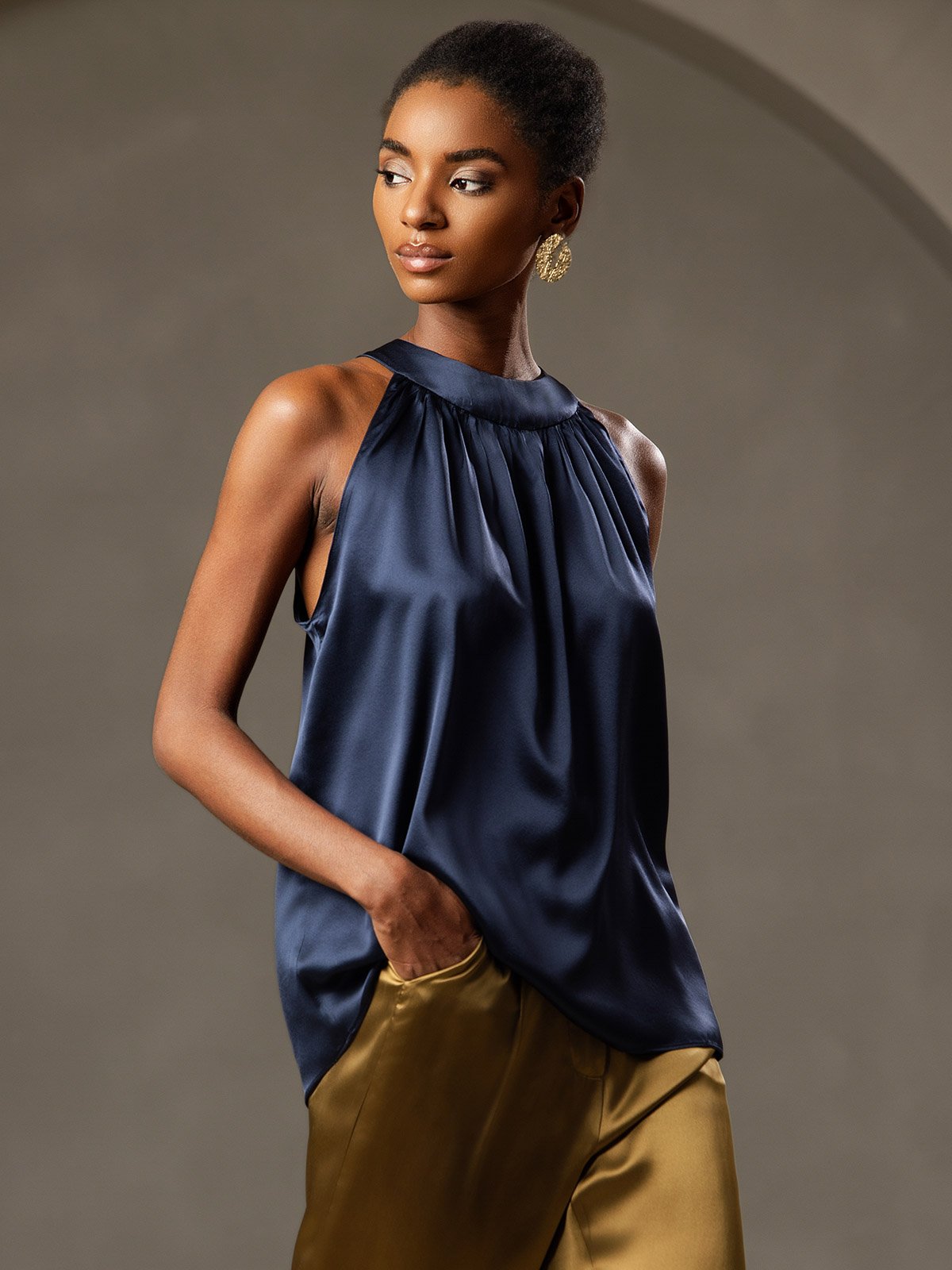 [Dark Blue] SilkSilky-AU 19Momme Stretch Silk Charmeuse Sleeveless Halter Women's T-Shirt 001