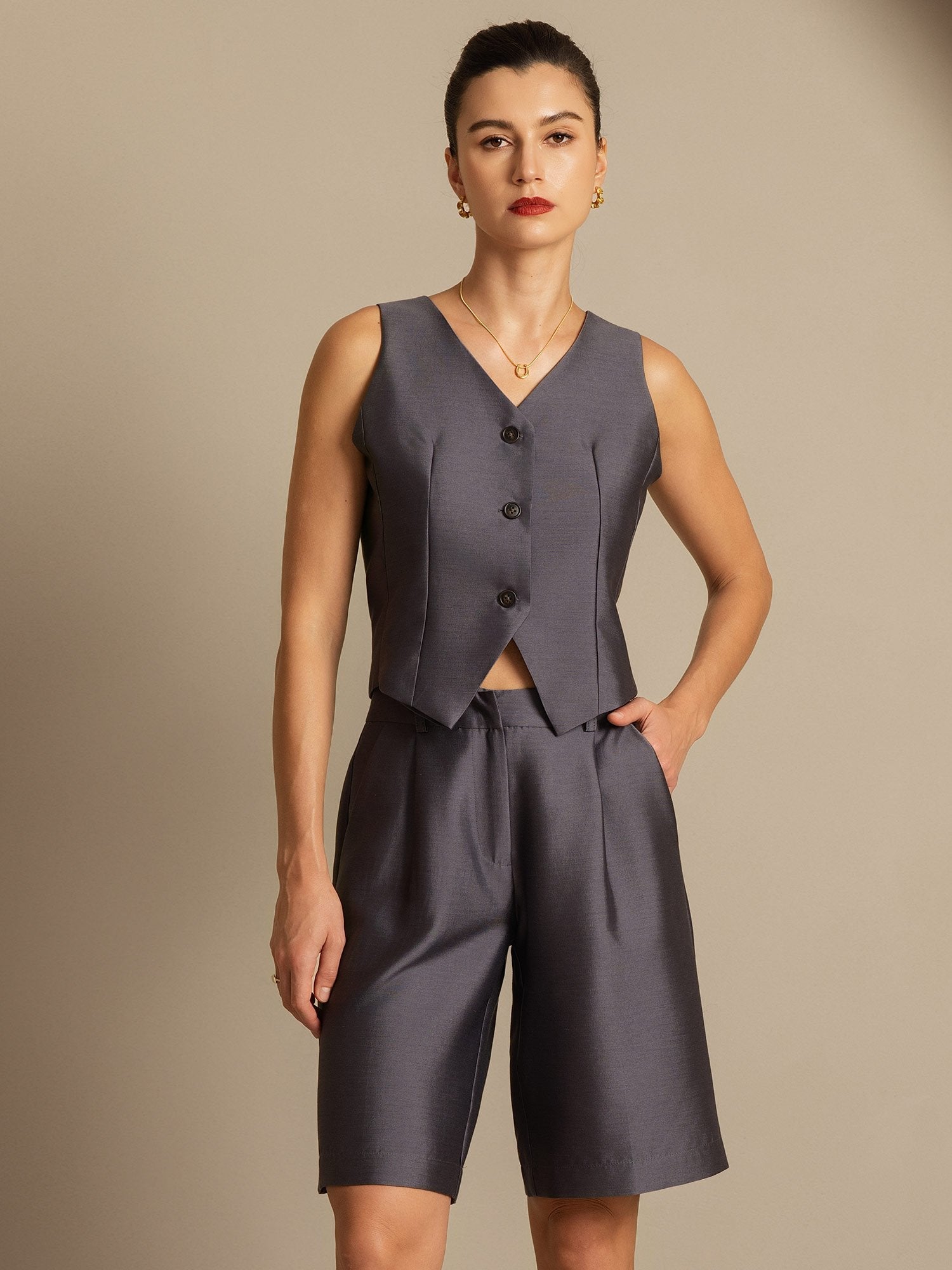 [Gray] SilkSilky-AU 32Momme Wool V Neck Women's Vest 006,