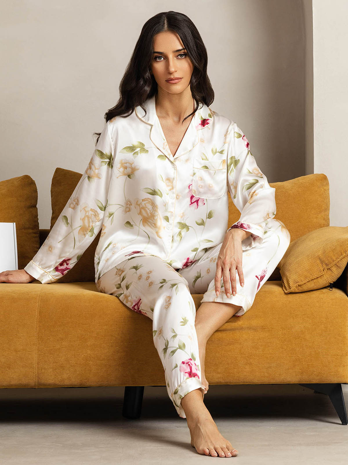 [Ivory Floral] SilkSilky-AU Pure Silk Womens Pajamas 004