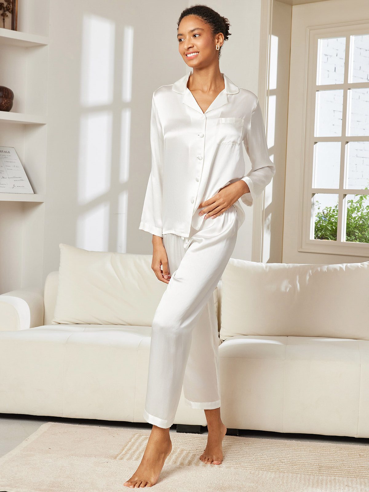 [White] SilkSilky-AU Pure Silk Long Sleeve Notch Collar Women's Pyjamas 004