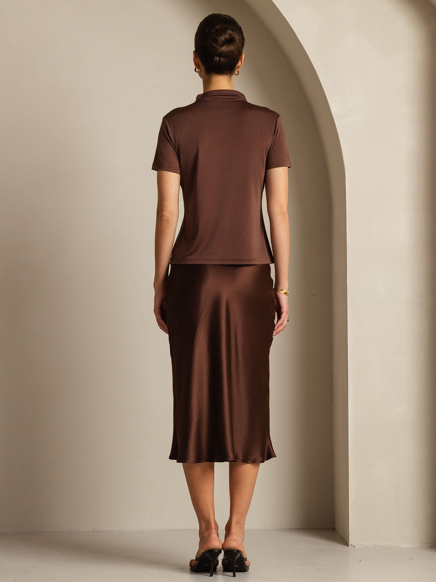 [Coffee] SilkSilky-AU Pure Silk Collar Women's T-Shirt 007