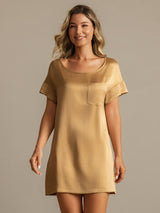 [Tan] SilkSilky-AU 19Momme Machine-Washable Silk Short Sleeve Round Neck Nightgown 005