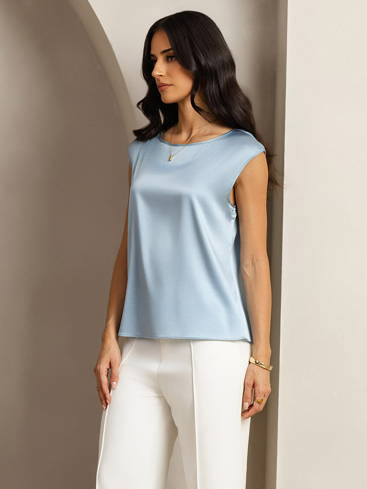 [Grayish Blue] SilkSilky-AU 19Momme Stretch Silk Charmeuse Cap Sleeve Round Neck Women's T-Shirt 005