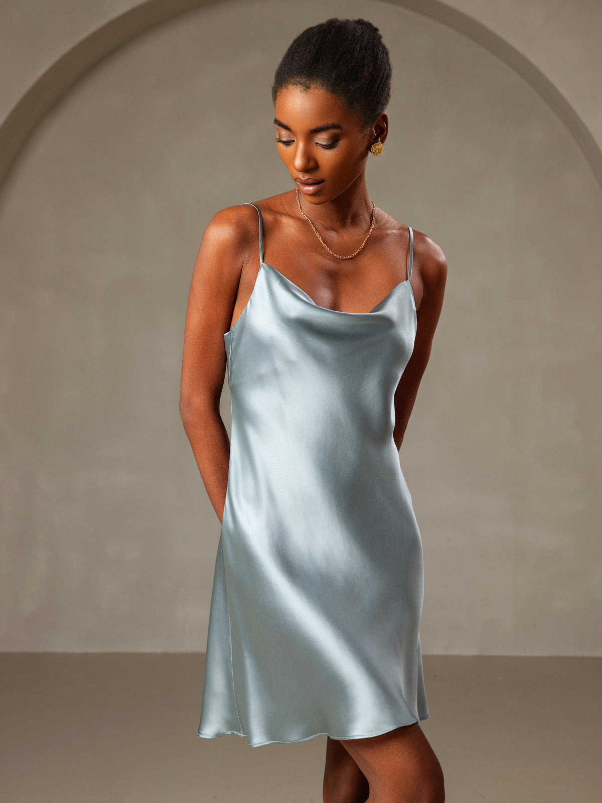 [Grayish Blue] SilkSilky-AU Pure Silk Cowl Neck Dress 005