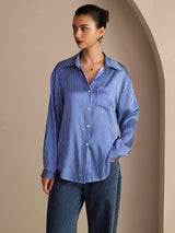 [Blue Pinstripe] SilkSilky-AU Long Sleeve Lapel Collar Women's Shirt 004