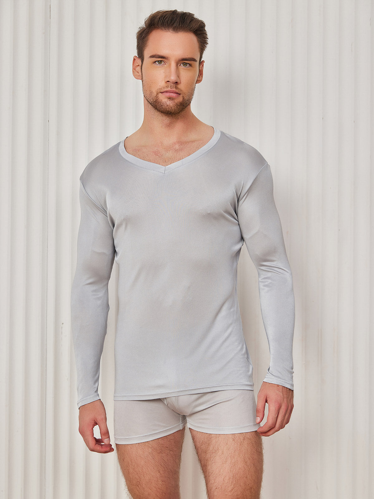 SilkSilky AU Silk Knitted Long Sleeve V Neck Men's T Shirt LightGray 001