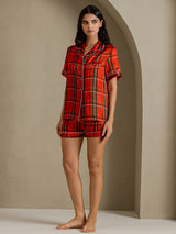 [Red Plaid] SilkSilky-AU Short Sleeve Notch Collar Women's Pyjamas 006