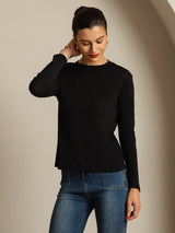 [Black] SilkSilky-AU 100% Silk Jersey Long Sleeve Crew Neck Women's T-Shirt 007
