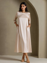 [Beige] SilkSilky-AU 3/4 Sleeve Round Neck Dress 001