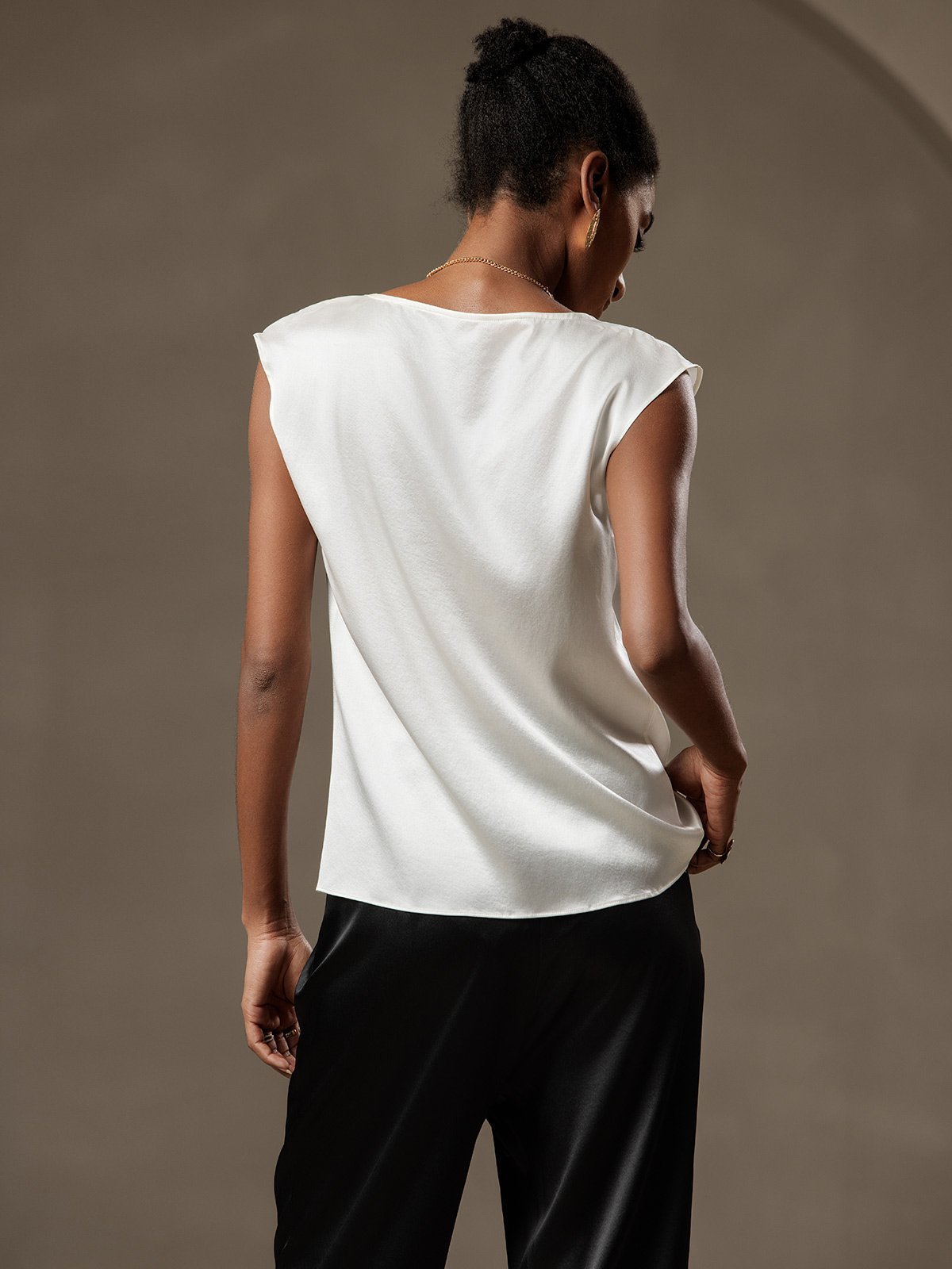 [White] SilkSilky-AU 19Momme Silk Sleeveless Cowl Neck Women's T-Shirt 002