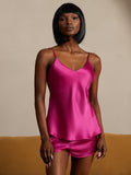 SilkSilky-AU Pure Silk Sleeveless V Neck Camisole Set RoseRed 004