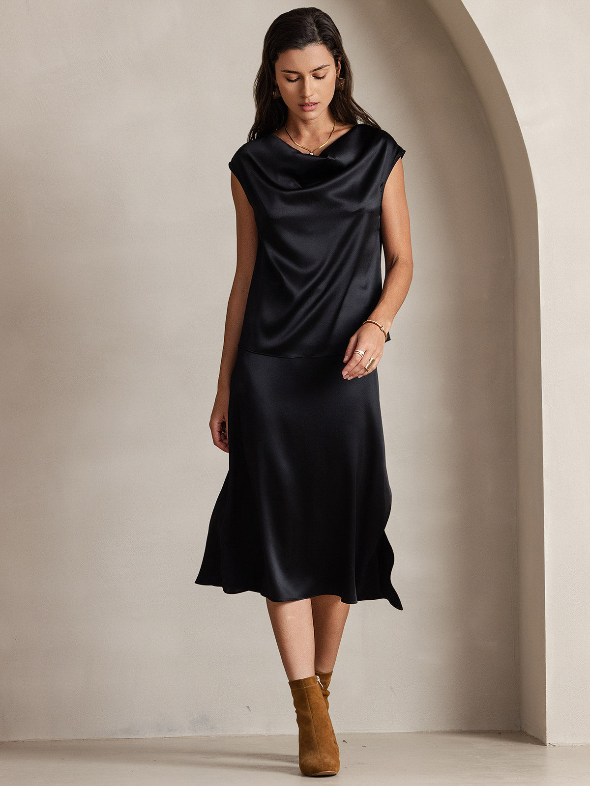 [Black] SilkSilky-AU 19Momme Silk Sleeveless Cowl Neck Women's T-Shirt 004