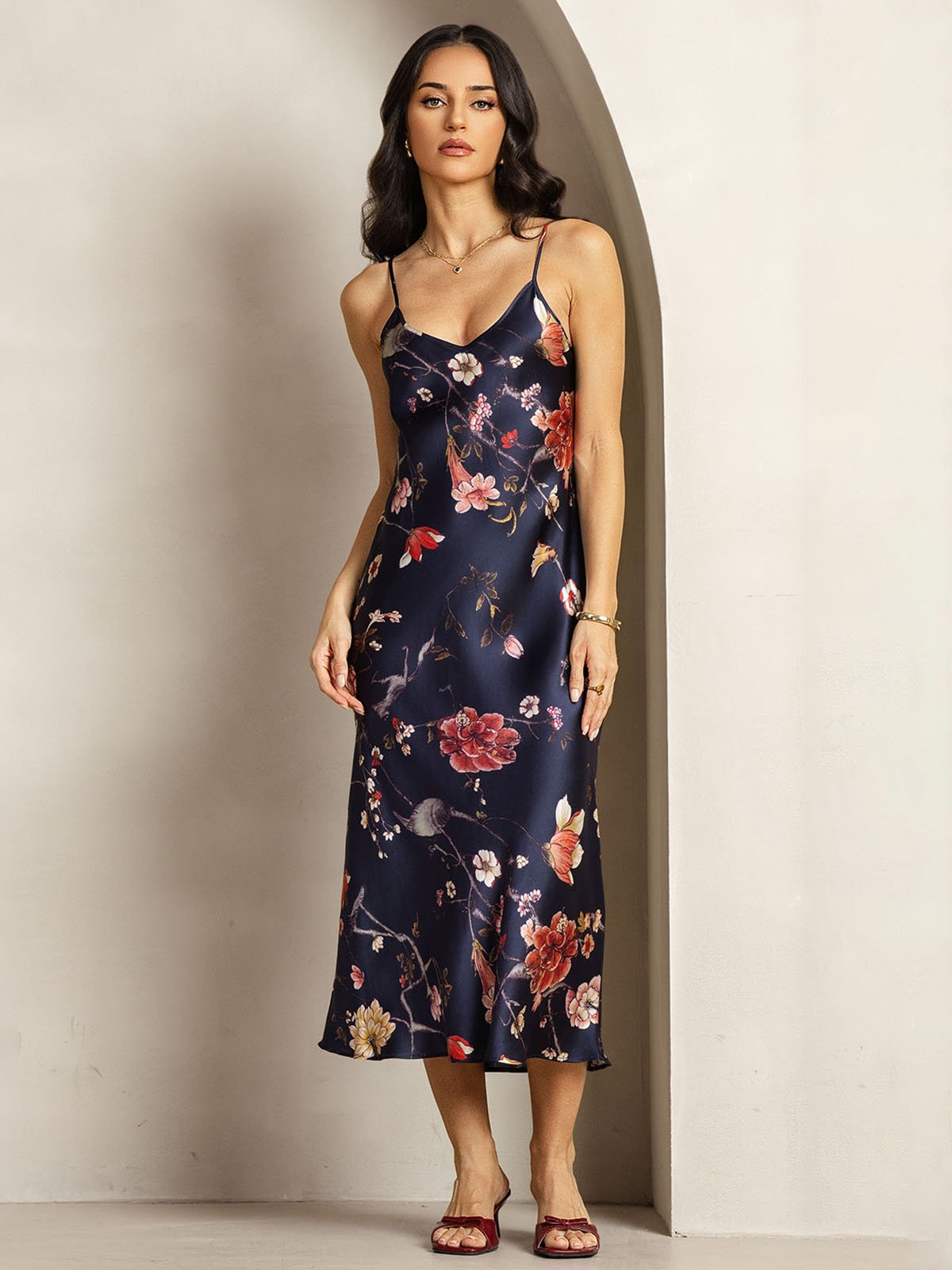 [NavyFloral] SilkSilky-AU 19Momme Silk V Neck Dress 001