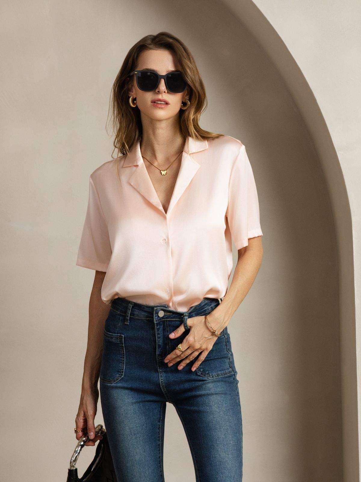 [Pink] SilkSilky-AU 19Momme Silk Notched Neck Women's Shirt 006