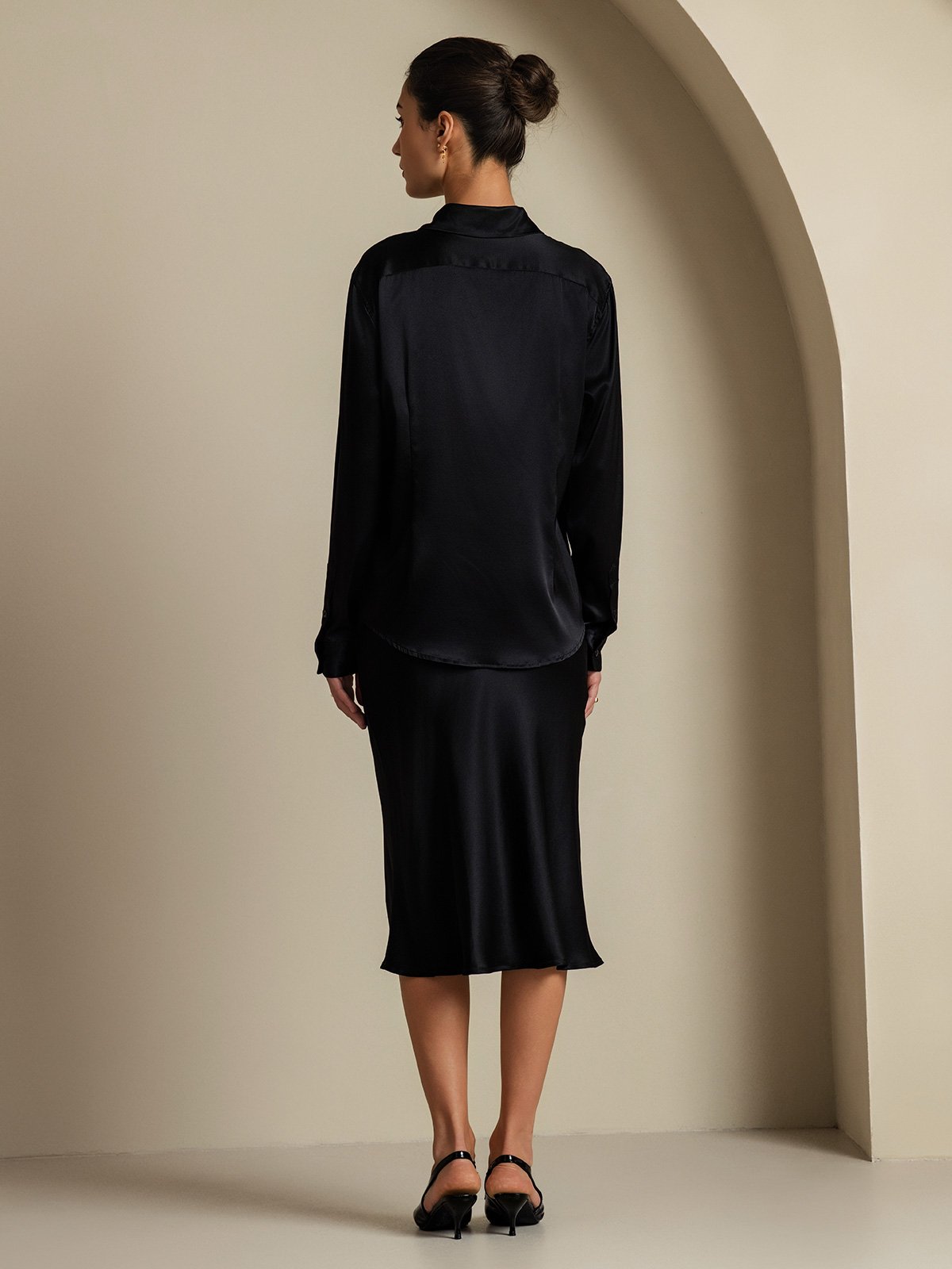 [Black] SilkSilky-AU 19Momme Silk Knitted Lapel Collar Women''s Outfit Sets 002,