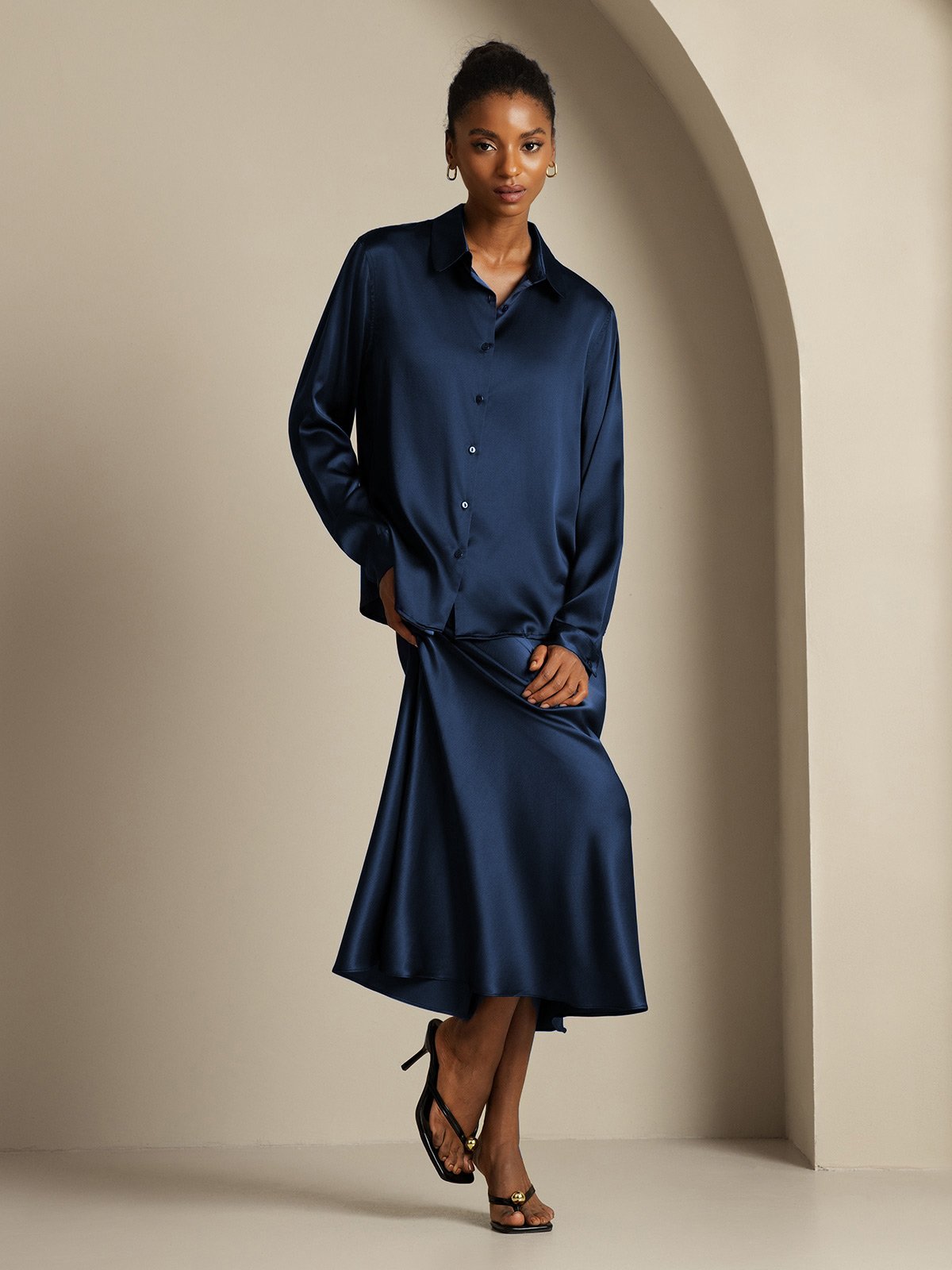 [Dark Blue] SilkSilky-AU 19Momme Silk Knitted Lapel Collar Women''s Outfit Sets 003,