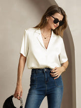 [Ivory] SilkSilky-AU Short Sleeve Notch Collar Women's Shirt 006
