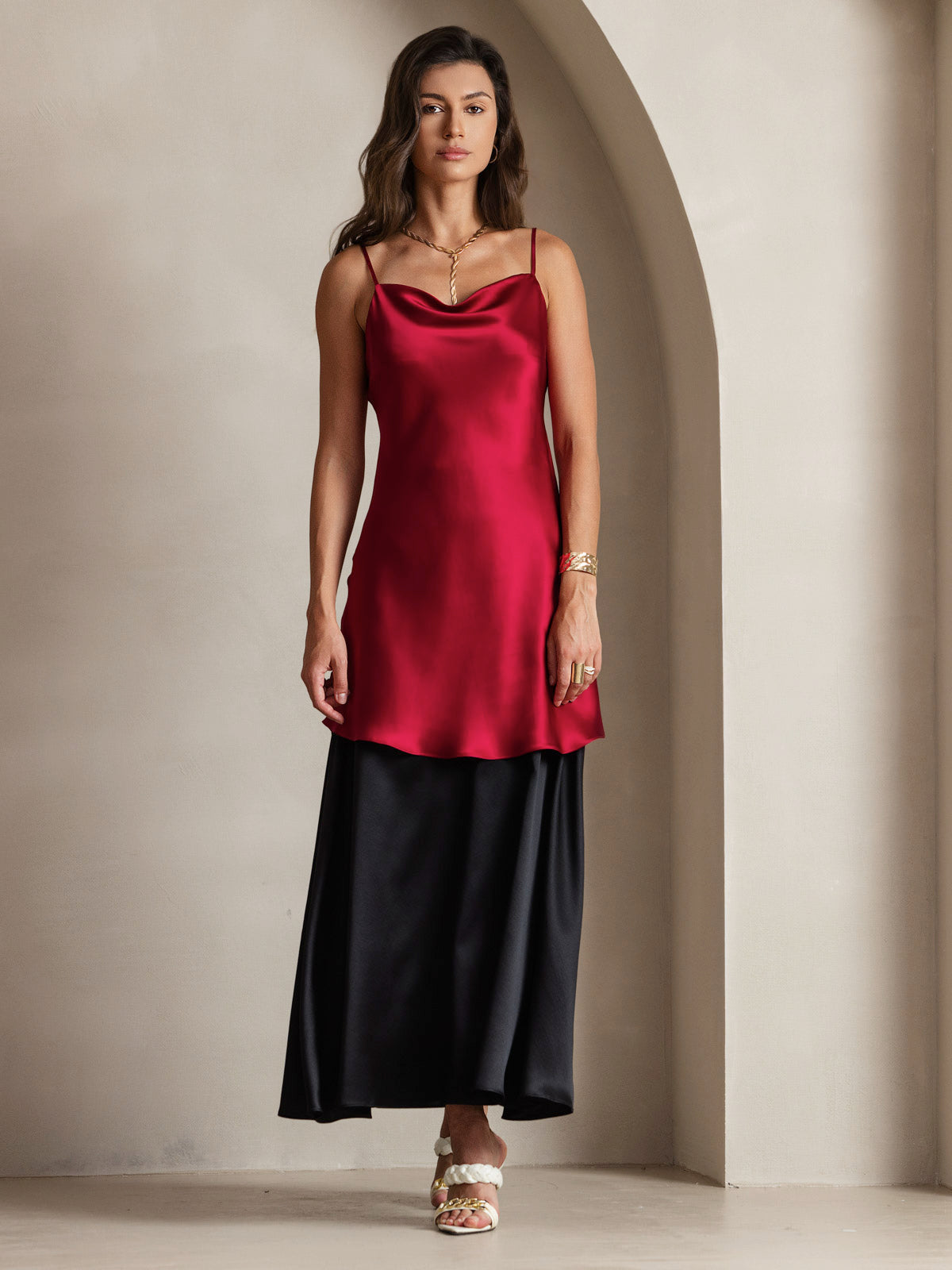 [Wine] SilkSilky-AU Pure Silk Cowl Neck Dress 007