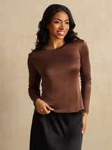 [Coffee] SilkSilky-AU 100% Silk Jersey Long Sleeve Crew Neck Women's T-Shirt 001
