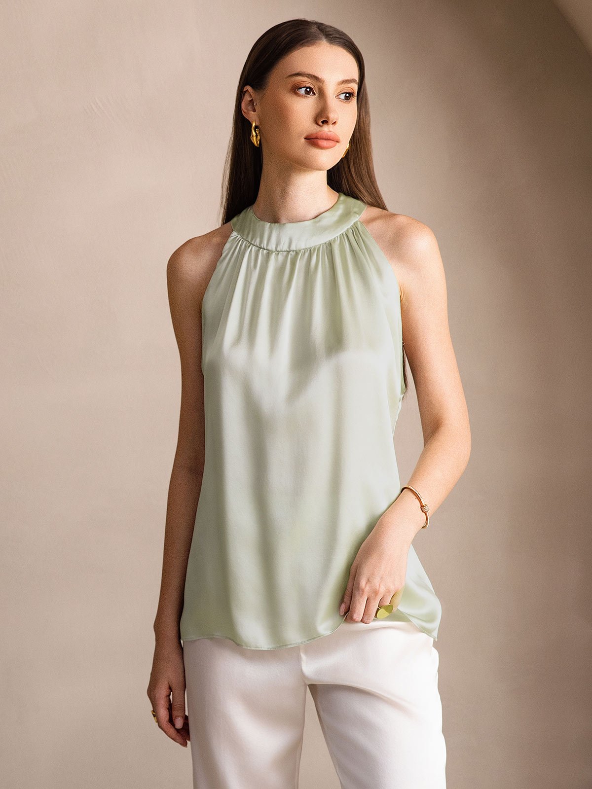 [Light Green] SilkSilky-AU 19Momme Silk Sleeveless Halter Neck Women's T-Shirt 001