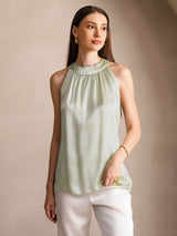 [Light Green] SilkSilky-AU 19Momme Stretch Silk Charmeuse Sleeveless Halter Women's T-Shirt 001