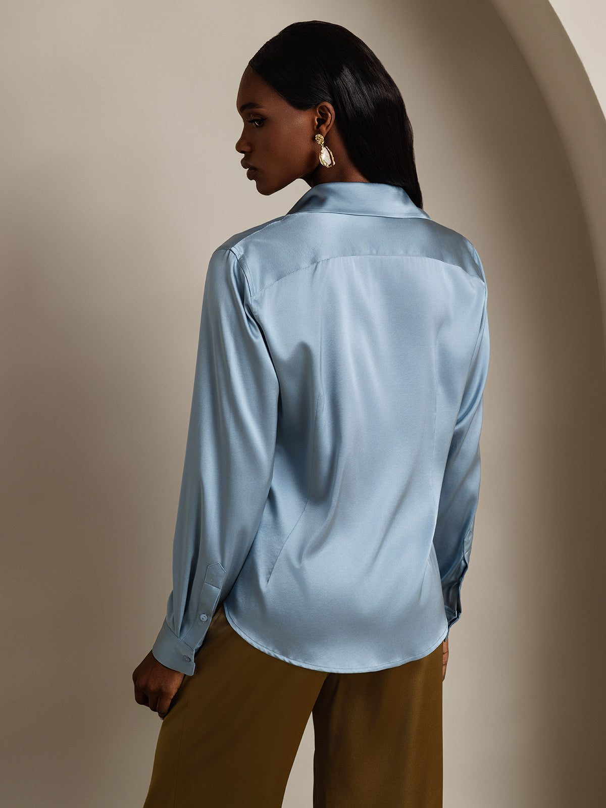 SilkSilky-AU Silk Long Sleeve Collar Women's Shirt GrayishBlue 002