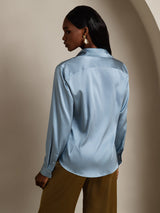 [Grayish Blue] SilkSilky-AU 19Momme Stretch Silk Charmeuse Long Sleeve Lapel Collar Women's Shirt 002