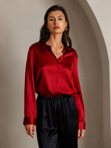 [Red] SilkSilky-AU 19Momme Stretch Silk Charmeuse Long Sleeve Lapel Collar Women's Shirt 001