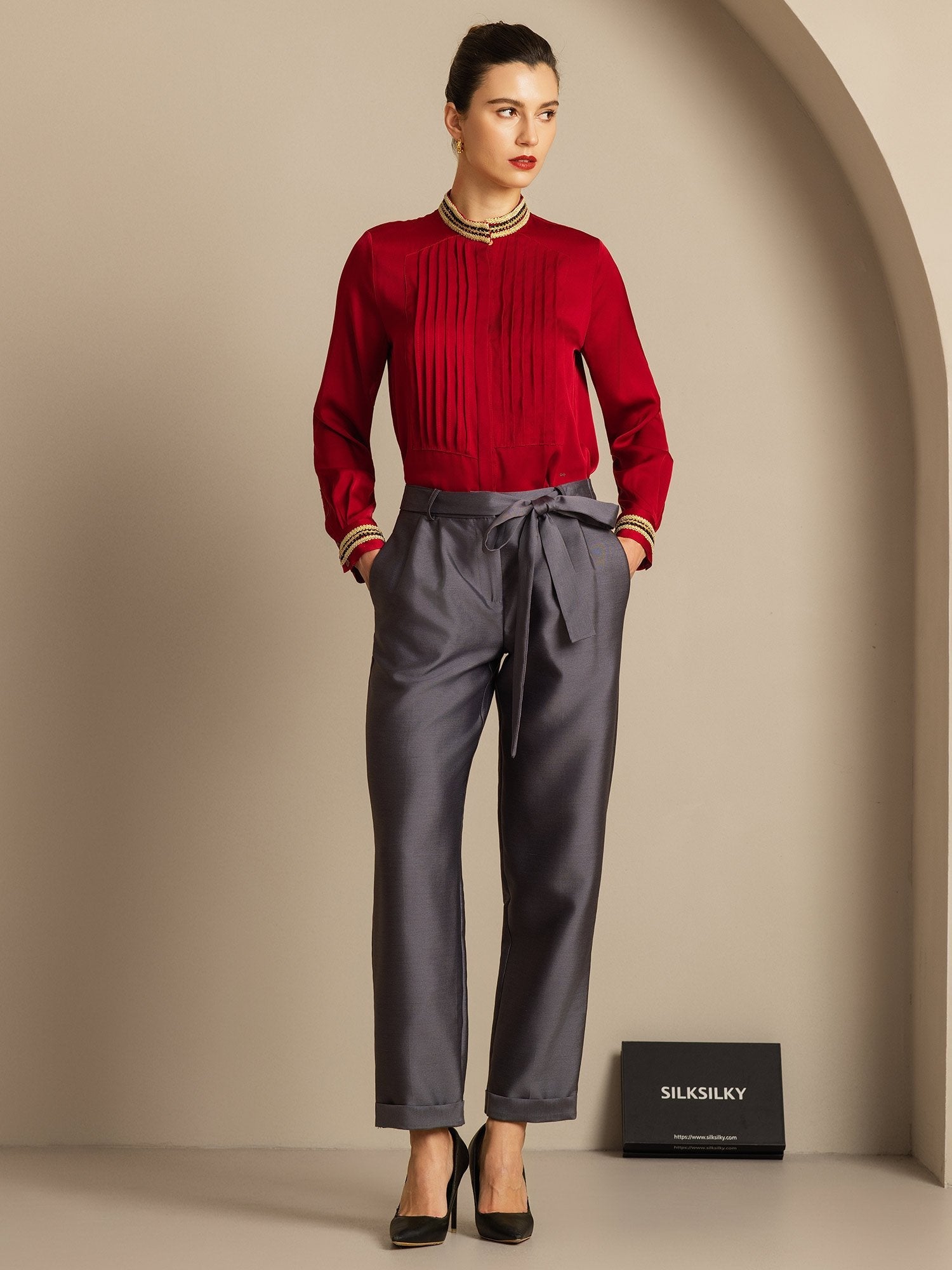 [Gray] SilkSilky-AU 32Momme Wool Womens Pants 008,