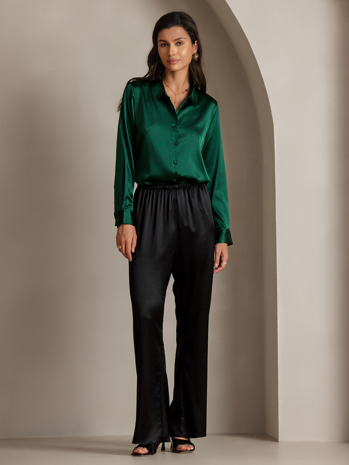 [Dark Green] SilkSilky-AU Silk Long Sleeve Lapel Collar Women's Shirt 004