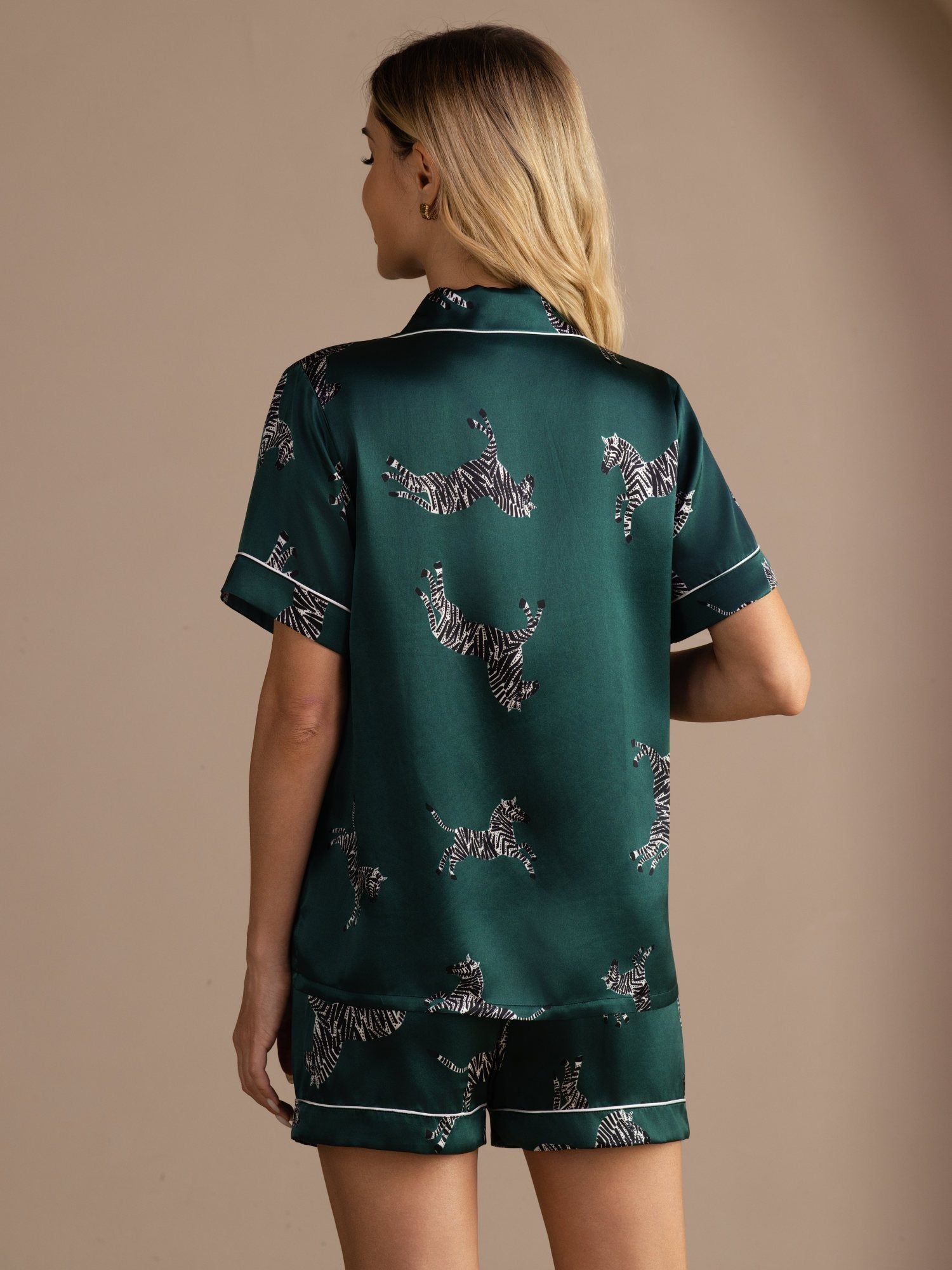 [Emerald Zebra] SilkSilky-AU Short Sleeve Lapel Collar Women's Pyjamas 002