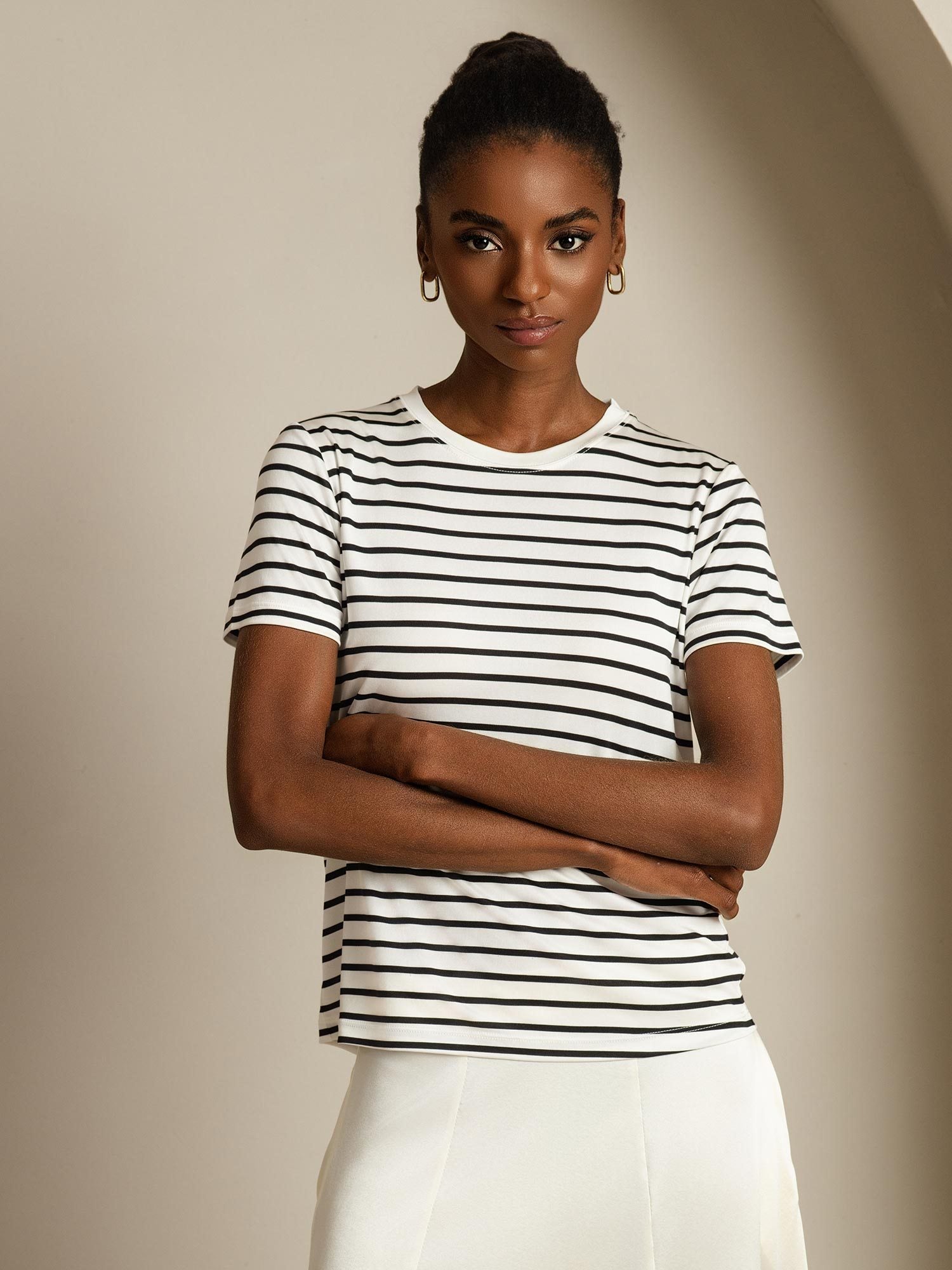 [WhiteStripe] SilkSilky-AU Pure Silk Round Neck Women's T-Shirt 005