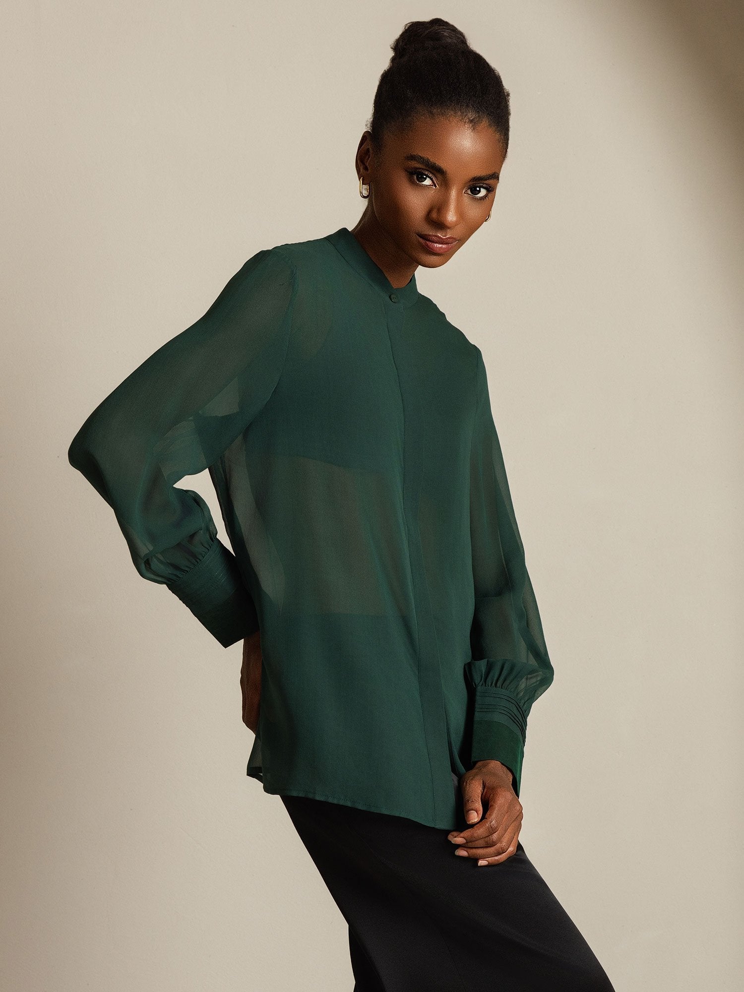 [Dark Green] SilkSilky-AU Pure Silk Split Women's Shirt 007