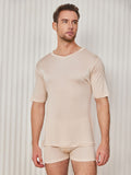 SilkSilky AU Silk Knitted Short Sleeve V Neck Men's T Shirt Beige 003