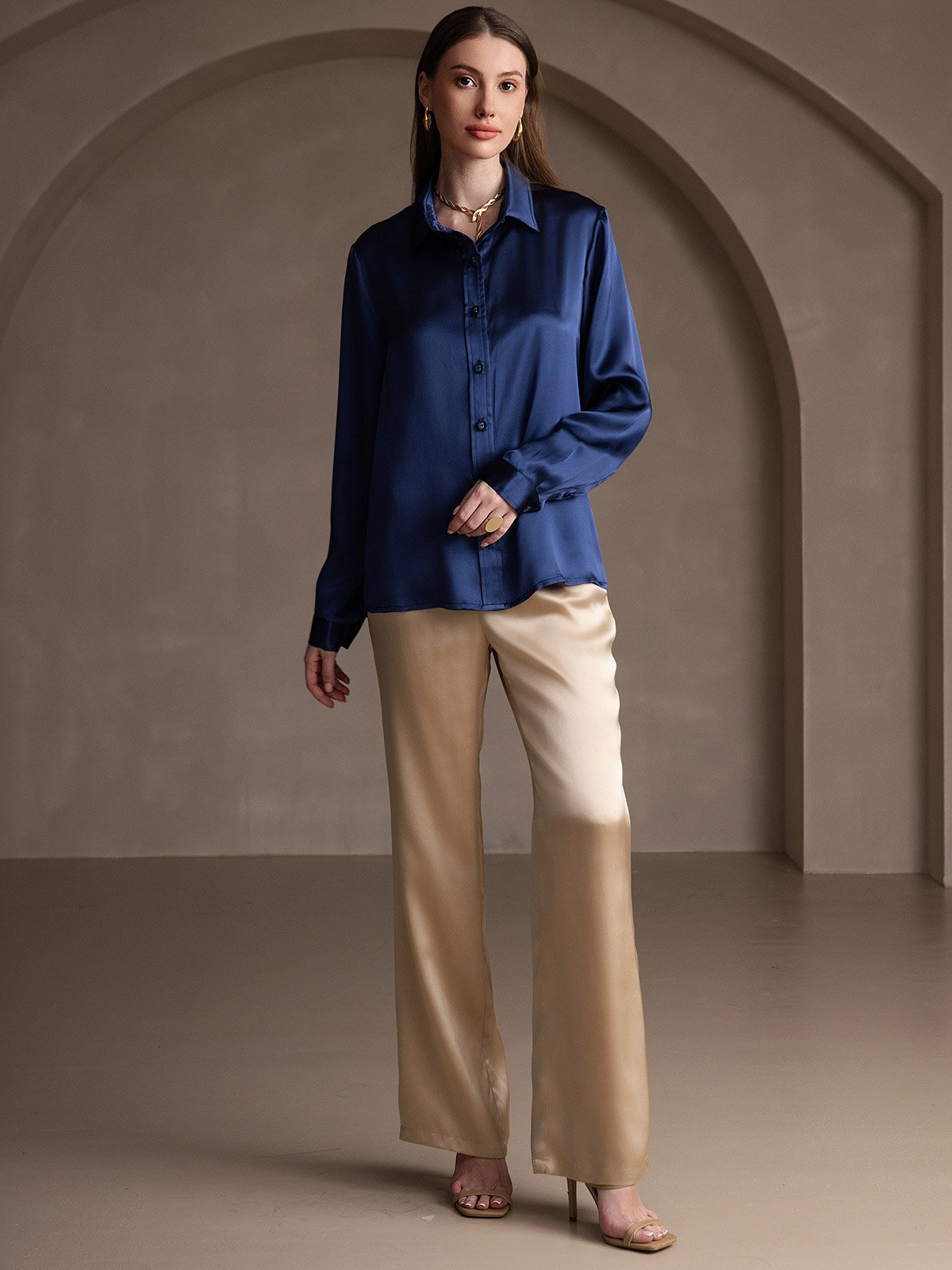 [Dark Blue] SilkSilky-AU 19Momme Stretch Silk Charmeuse Long Sleeve Lapel Collar Women's Shirt 007