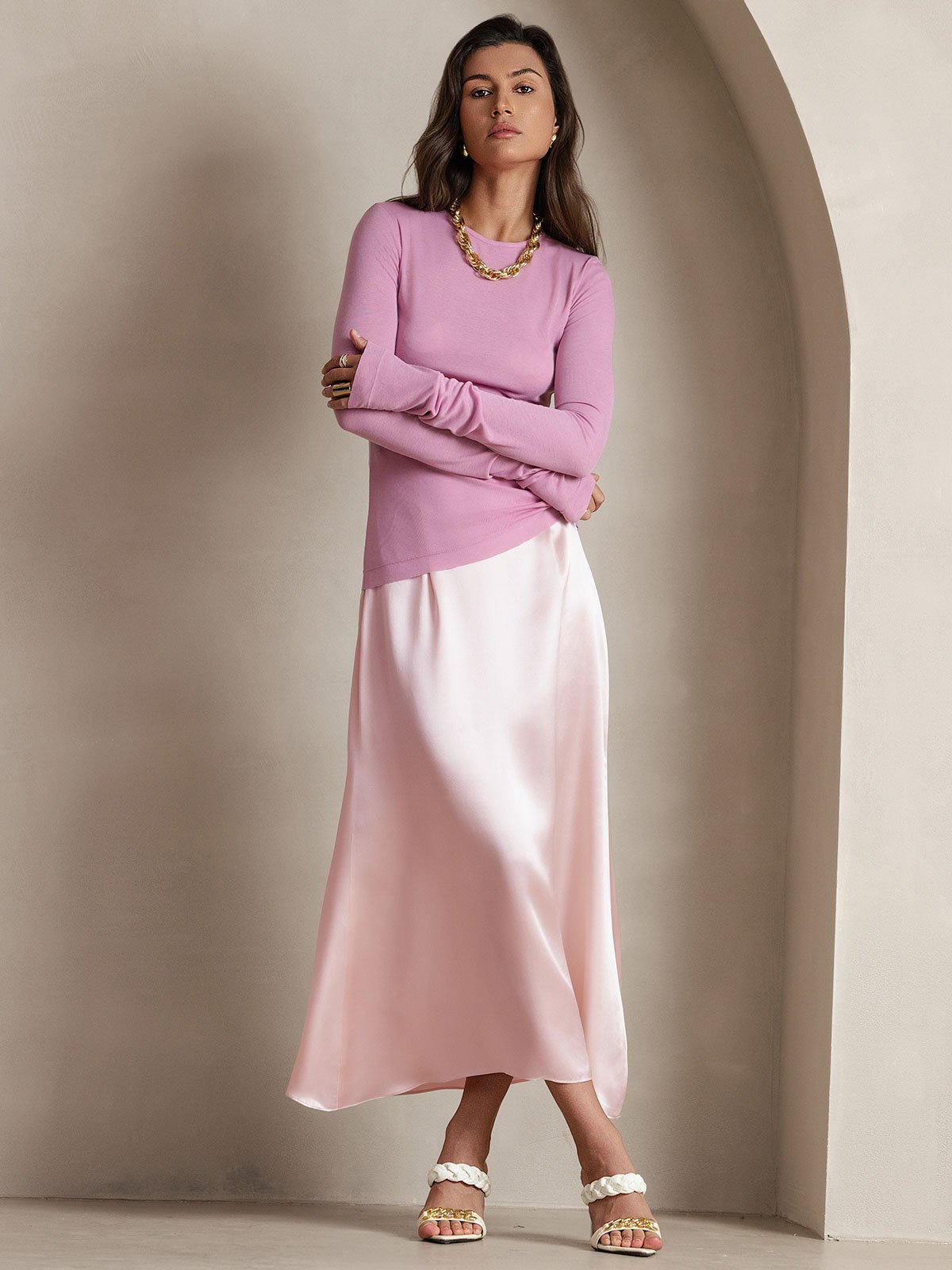 [Pink] SilkSilky-AU 19Momme Stretch Silk Charmeuse Skirt 001