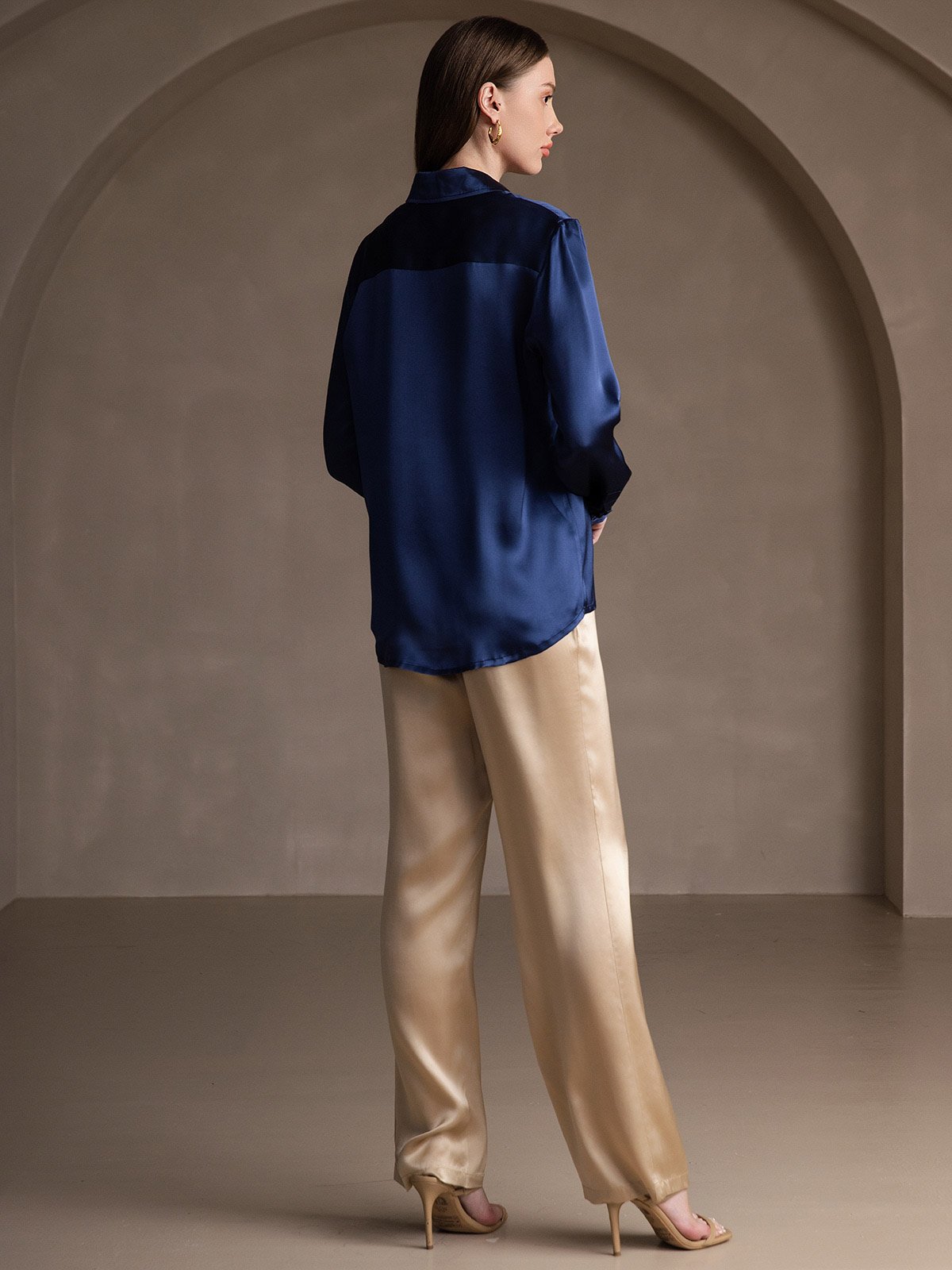 [Dark Blue] SilkSilky-AU 19Momme Stretch Silk Charmeuse Long Sleeve Lapel Collar Women's Shirt 002